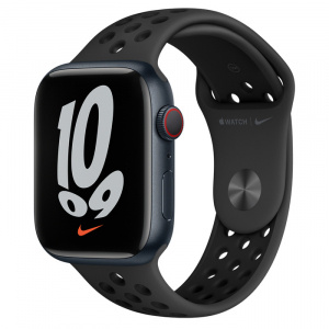 Apple Watch Series 7 // 45мм GPS + Cellular // Корпус из алюминия цвета «тёмная ночь», спортивный ремешок Nike цвета «антрацитовый/чёрный»