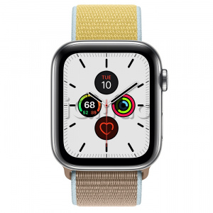 Apple Watch Series 5 // 44мм GPS + Cellular // Корпус из нержавеющей стали, спортивный браслет цвета «верблюжья шерсть»