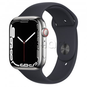 Купить Apple Watch Series 7 // 45мм GPS + Cellular // Корпус из нержавеющей стали серебристого цвета, спортивный ремешок цвета «тёмная ночь»