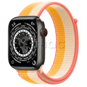 Купить Apple Watch Series 7 // 45мм GPS + Cellular // Корпус из титана цвета «черный космос», спортивный браслет цвета «спелый маис/белый»