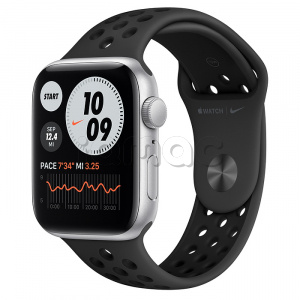 Купить Apple Watch SE // 44мм GPS // Корпус из алюминия серебристого цвета, спортивный ремешок Nike цвета «Антрацитовый/чёрный»