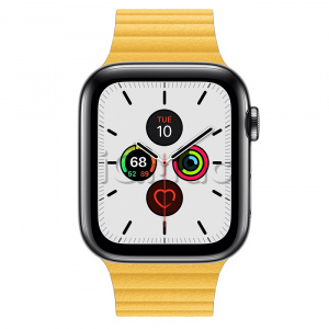 Купить Apple Watch Series 5 // 44мм GPS + Cellular // Корпус из нержавеющей стали цвета «серый космос», кожаный ремешок цвета «лимонный сироп», размер ремешка M