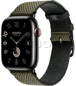Купить Apple Watch Series 9 Hermès // 45мм GPS+Cellular // Корпус из нержавеющей стали цвета "черный космос", ремешок Toile H Single Tour цвета Vert/Noir