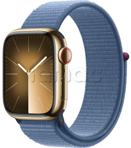 Купить Apple Watch Series 9 // 45мм GPS+Cellular // Корпус из нержавеющей стали золотого цвета, спортивный браслет цвета "синяя зима"
