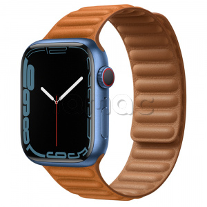 Купить Apple Watch Series 7 // 45мм GPS + Cellular // Корпус из алюминия синего цвета, кожаный браслет цвета «золотистая охра», размер ремешка S/M