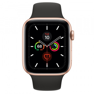 Купить Apple Watch Series 5 // 44мм GPS // Корпус из алюминия золотого цвета, спортивный ремешок черного цвета