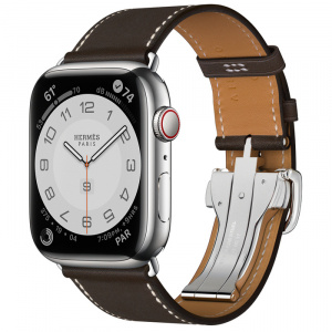 Apple Watch Series 7 Hermès // 45мм GPS + Cellular // Корпус из нержавеющей стали серебристого цвета, ремешок Single Tour цвета Ébène с раскладывающейся застёжкой (Deployment Buckle)