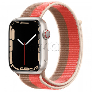 Купить Apple Watch Series 7 // 45мм GPS + Cellular // Корпус из алюминия цвета «сияющая звезда», спортивный браслет цвета «розовый помело/миндальный»