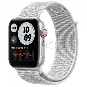 Купить Apple Watch SE // 44мм GPS + Cellular // Корпус из алюминия серебристого цвета, спортивный браслет Nike цвета «Снежная вершина» (2020)