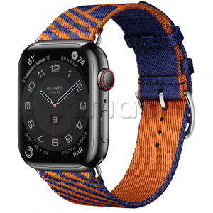 Купить Apple Watch Series 7 Hermès // 45мм GPS + Cellular // Корпус из нержавеющей стали цвета «черный космос», ремешок Hermès Simple Tour Jumping цвета Bleu Saphir/Orange