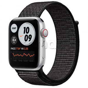 Купить Apple Watch SE // 44мм GPS + Cellular // Корпус из алюминия серебристого цвета, спортивный браслет Nike чёрного цвета (2020)