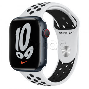 Купить Apple Watch Series 7 // 45мм GPS + Cellular // Корпус из алюминия цвета «тёмная ночь», спортивный ремешок Nike цвета «чистая платина/чёрный»