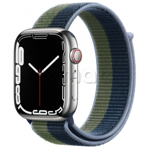 Купить Apple Watch Series 7 // 45мм GPS + Cellular // Корпус из нержавеющей стали серебристого цвета, спортивный браслет цвета «синий омут/зелёный мох»