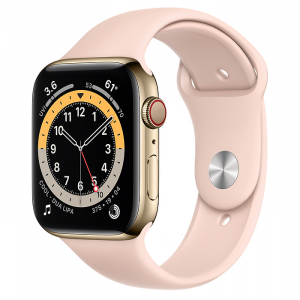 Apple Watch Series 6 // 44мм GPS + Cellular // Корпус из нержавеющей стали золотого цвета, спортивный ремешок цвета «Розовый песок»
