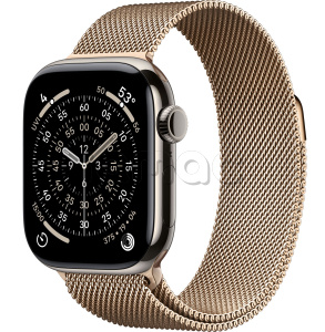 Купить Apple Watch Series 11 // 46мм GPS+Cellular // Корпус из титана натурального цвета, миланский сетчатый браслет золотого цвета