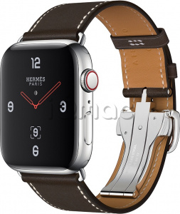 Apple Watch Series 4 Hermès // 44мм GPS + Cellular // Корпус из  нержавеющей стали, ремешок Single Tour из кожи цвета Ébène Barenia с  застежкой Deployment