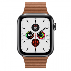 Apple Watch Series 5 // 44мм GPS + Cellular // Корпус из нержавеющей стали цвета «серый космос», кожаный ремешок золотисто-коричневого цвета, размер ремешка M