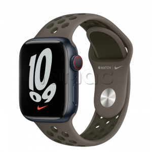 Купить Apple Watch Series 7 // 41мм GPS + Cellular // Корпус из алюминия цвета «тёмная ночь», спортивный ремешок Nike цвета «cерая олива/рабочий хаки»