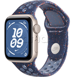 Купить Apple Watch SE 3 // 44мм GPS // Корпус из алюминия цвета "сияющая звезда", спортивный ремешок Nike цвета "синяя лента" (2025)