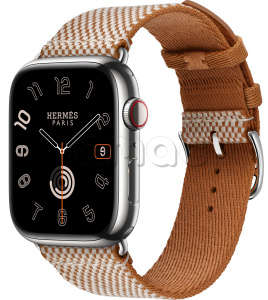 Купить Apple Watch Series 9 Hermès // 45мм GPS+Cellular // Корпус из нержавеющей стали серебристого цвета, ремешок Toile H Single Tour цвета Gold/Ecru
