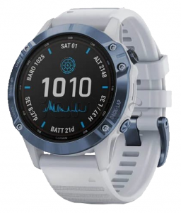 Купить Мультиспортивные часы Garmin Fenix 6 Pro (47mm) Solar, стальной корпус цвета "синий минерал", белый силиконовый ремешок