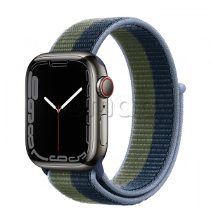 Купить Apple Watch Series 7 // 41мм GPS + Cellular // Корпус из нержавеющей стали графитового цвета, спортивный браслет цвета «синий омут/зелёный мох»