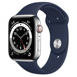 Apple Watch Series 6 // 44мм GPS + Cellular // Корпус из нержавеющей стали серебристого цвета, спортивный ремешок цвета «Тёмный ультрамарин»