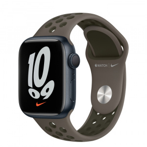 Apple Watch Series 7 // 41мм GPS // Корпус из алюминия цвета «тёмная ночь», спортивный ремешок Nike цвета «cерая олива/рабочий хаки»