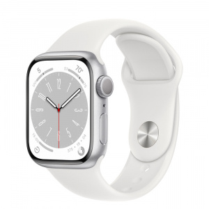 Apple Watch Series 8 // 41мм GPS // Корпус из алюминия серебристого цвета, спортивный ремешок белого цвета