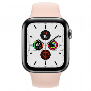 Apple Watch Series 5 // 44мм GPS + Cellular // Корпус из нержавеющей стали цвета «серый космос», спортивный ремешок цвета «розовый песок»