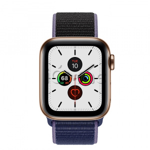 Купить Apple Watch Series 5 // 40мм GPS + Cellular // Корпус из нержавеющей стали золотого цвета, спортивный браслет тёмно-синего цвета