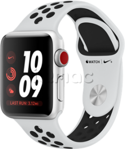 Купить Apple Watch Series 3 Nike+ // 42мм GPS + Cellular // Корпус из серебристого алюминия, спортивный ремешок Nike цвета «чистая платина/чёрный» (MQLC2)
