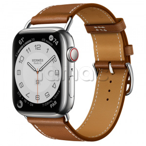 Купить Apple Watch Series 7 Hermès // 45мм GPS + Cellular // Корпус из нержавеющей стали серебристого цвета, ремешок Single Tour Attelage из кожи Barénia цвета Fauve
