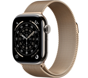 Apple Watch Series 11 // 42мм GPS+Cellular // Корпус из титана натурального цвета, миланский сетчатый браслет золотого цвета