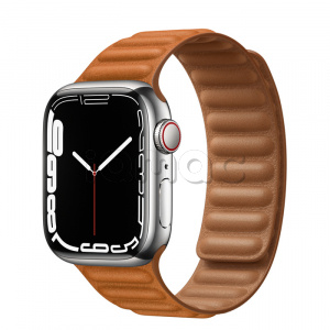 Купить Apple Watch Series 7 // 41мм GPS + Cellular // Корпус из нержавеющей стали серебристого цвета, кожаный браслет цвета «золотистая охра», размер ремешка S/M
