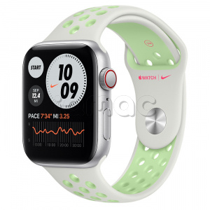 Купить Apple Watch SE // 44мм GPS + Cellular // Корпус из алюминия серебристого цвета, спортивный ремешок Nike цвета «Еловая дымка/пастельный зелёный» (2020)
