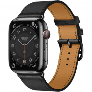 Apple Watch Series 7 Hermès // 45мм GPS + Cellular // Корпус из нержавеющей стали цвета «черный космос», ремешок Single Tour цвета Noir