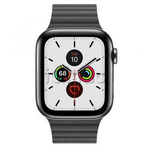 Купить Apple Watch Series 5 // 44мм GPS + Cellular // Корпус из нержавеющей стали цвета «серый космос», кожаный ремешок черного цвета, размер ремешка M