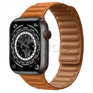 Купить Apple Watch Series 7 // 45мм GPS + Cellular // Корпус из титана цвета «черный космос», кожаный браслет цвета «золотистая охра», размер ремешка S/M