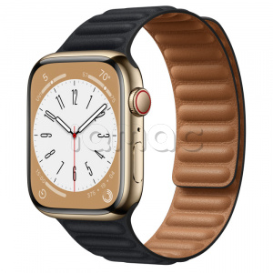 Купить Apple Watch Series 8 // 45мм GPS + Cellular // Корпус из нержавеющей стали золотого цвета, кожаный браслет цвета "темная ночь", размер ремешка S/M