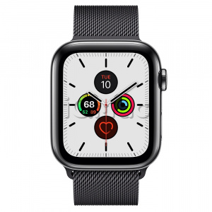 Apple Watch Series 5 // 44мм GPS + Cellular // Корпус из нержавеющей стали цвета «серый космос», миланский сетчатый браслет цвета «чёрный космос»