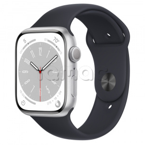 Купить Apple Watch Series 8 // 45мм GPS // Корпус из алюминия серебристого цвета, спортивный ремешок цвета "темная ночь"