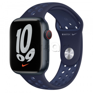 Купить Apple Watch Series 7 // 45мм GPS + Cellular // Корпус из алюминия цвета «тёмная ночь», спортивный ремешок Nike цвета «ночной ультрамарин/мистический ультрамарин»