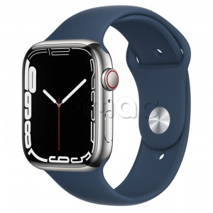 Купить Apple Watch Series 7 // 45мм GPS + Cellular // Корпус из нержавеющей стали серебристого цвета, спортивный ремешок цвета «синий омут»