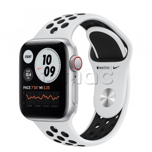 Купить Apple Watch SE // 40мм GPS + Cellular // Корпус из алюминия серебристого цвета, спортивный ремешок Nike цвета «Чистая платина/чёрный» (2020)