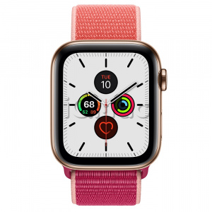Купить Apple Watch Series 5 // 44мм GPS + Cellular // Корпус из нержавеющей стали золотого цвета, спортивный браслет цвета «сочный гранат»