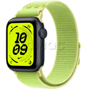 Купить Apple Watch SE 3 // 44мм GPS // Корпус из алюминия цвета "полуночный", спортивный браслет Nike цвета "электрический всплеск" (2025)