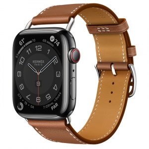 Apple Watch Series 7 Hermès // 45мм GPS + Cellular // Корпус из нержавеющей стали цвета «черный космос», ремешок Single Tour Attelage цвета Gold
