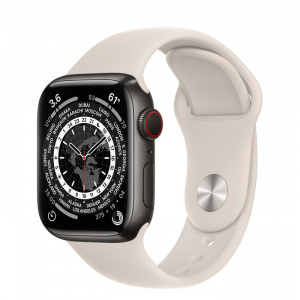 Apple Watch Series 7 // 41мм GPS + Cellular // Корпус из титана цвета «черный космос», спортивный ремешок цвета «сияющая звезда»