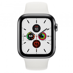 Apple Watch Series 5 // 44мм GPS + Cellular // Корпус из нержавеющей стали цвета «серый космос», спортивный ремешок белого цвета